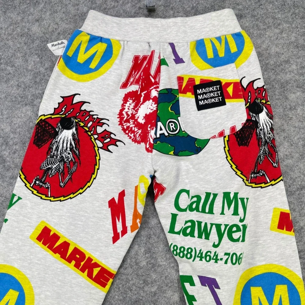 Chinatown Market Sweatpants Men Medium Gray Logo Graphic AOP Print Joggers‎ NEW